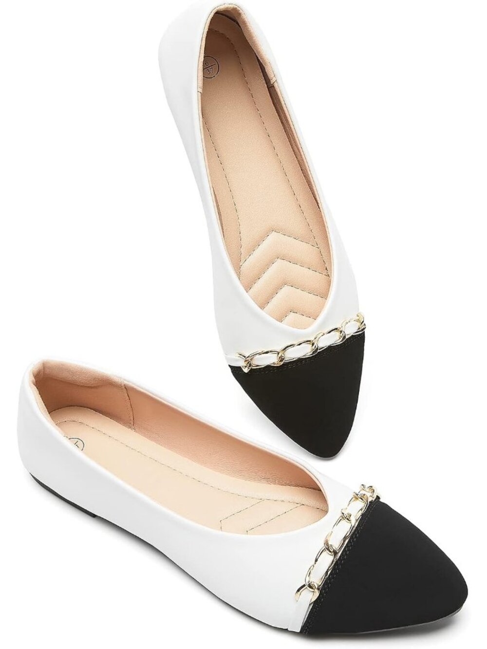Women's White Faux Suede Leather Pointed Toe Chain Buckle Flat Comfortable Shoes